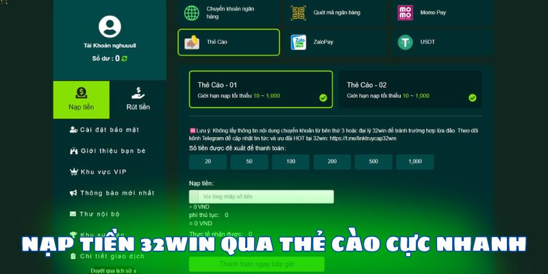 Nạp tiền 32WIN qua thẻ cào cực nhanh